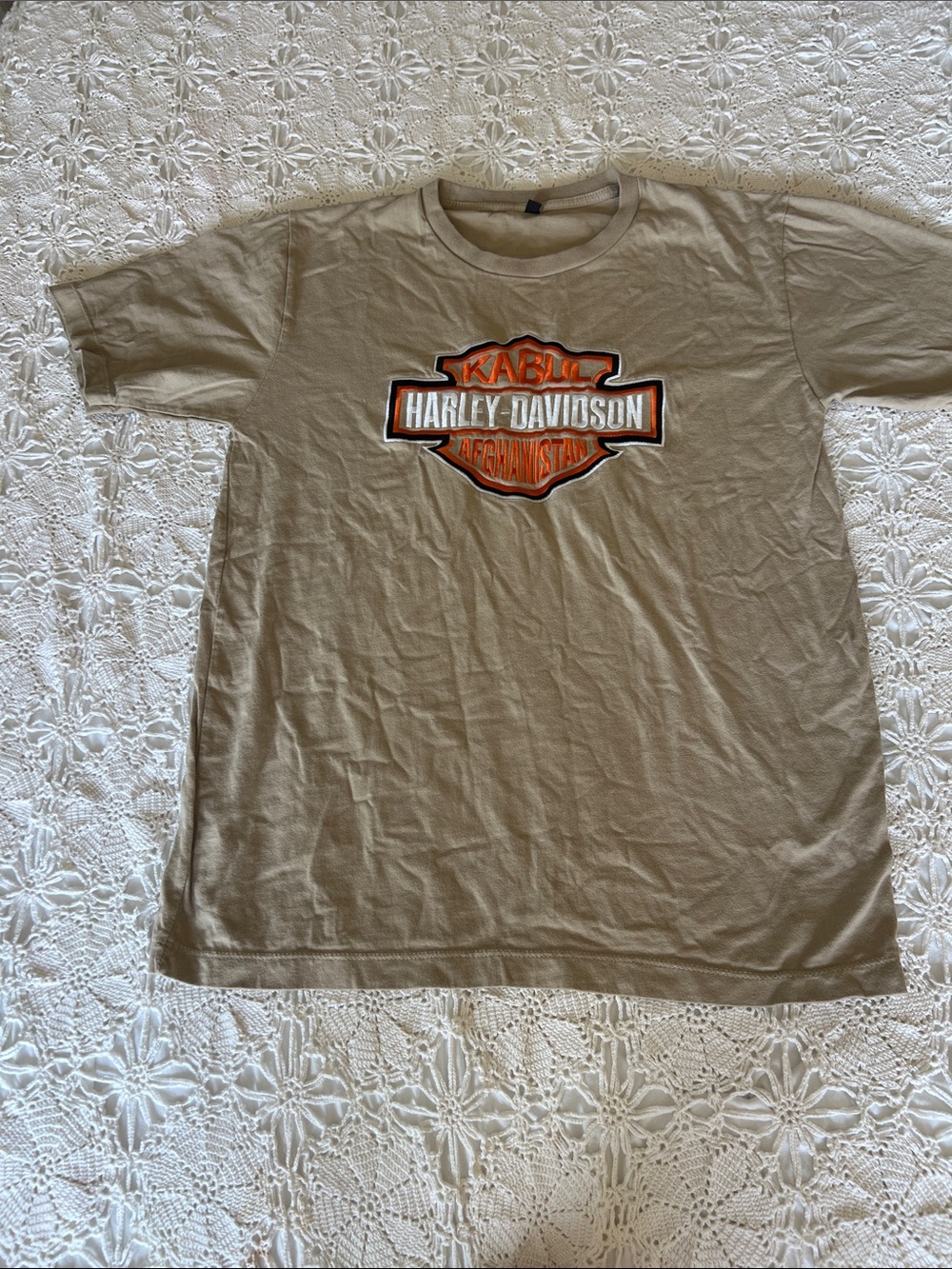 Harley-Davidson Beige Short Sleeve Tee with Orange and White Logo